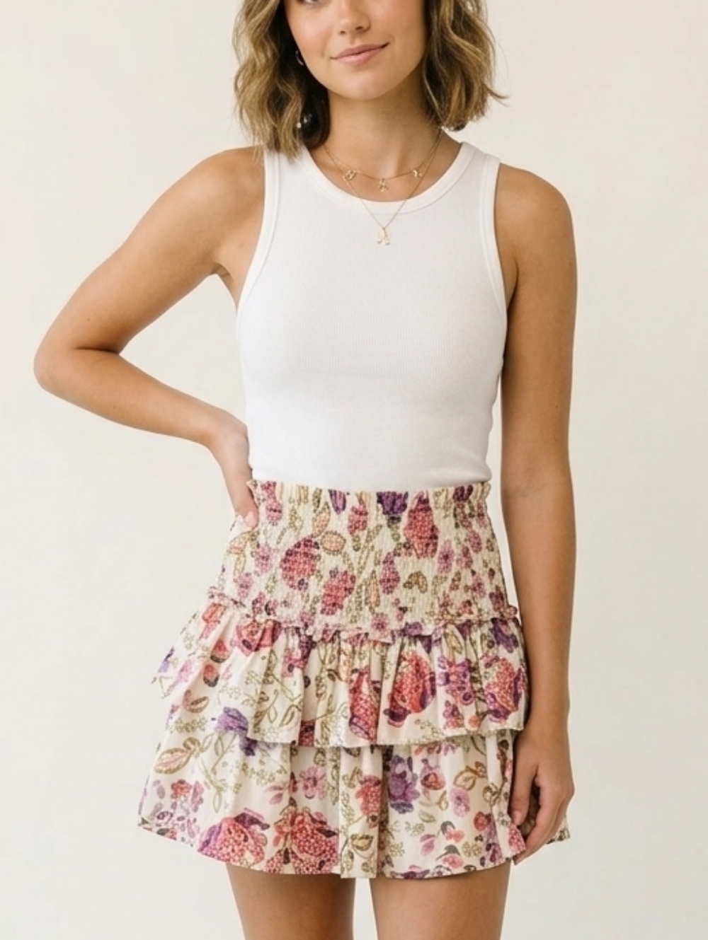House Of Harlow 1960 - 100% Cotton Floral Tiered Smocked Mini Skirt